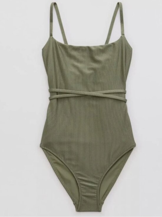 aerie Other - Aerie Shine Ribbed Strappy Scoop Olive Green One Piece Wrap Around Tie Swimsuit